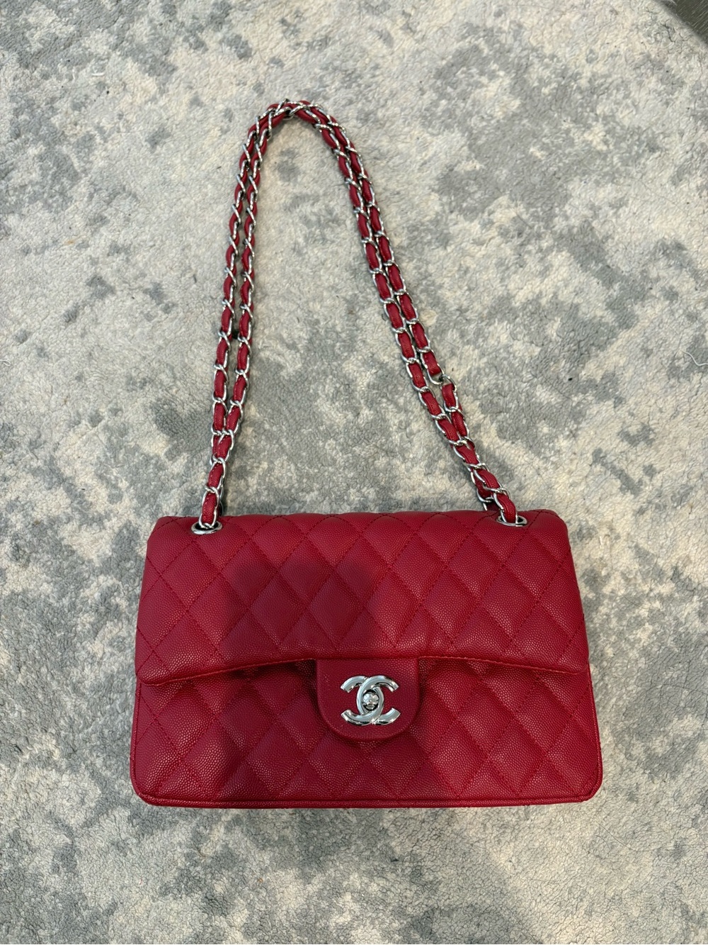 CHANEL Quilted Shoulder Bag in Deep Red with Silver Hardware